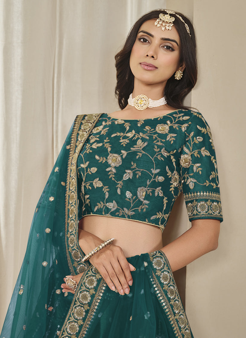 Rama Green Art Silk Embroidered Lehenga Choli Set