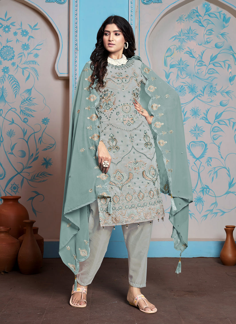 Ash Grey Faux Georgette Embroidered Pant Kameez