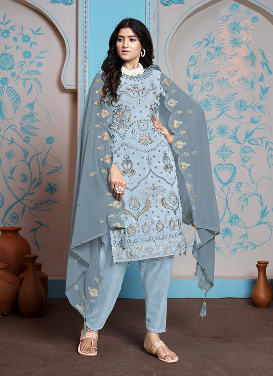 Breeze Blue Faux Georgette Embroidered Pant Kameez