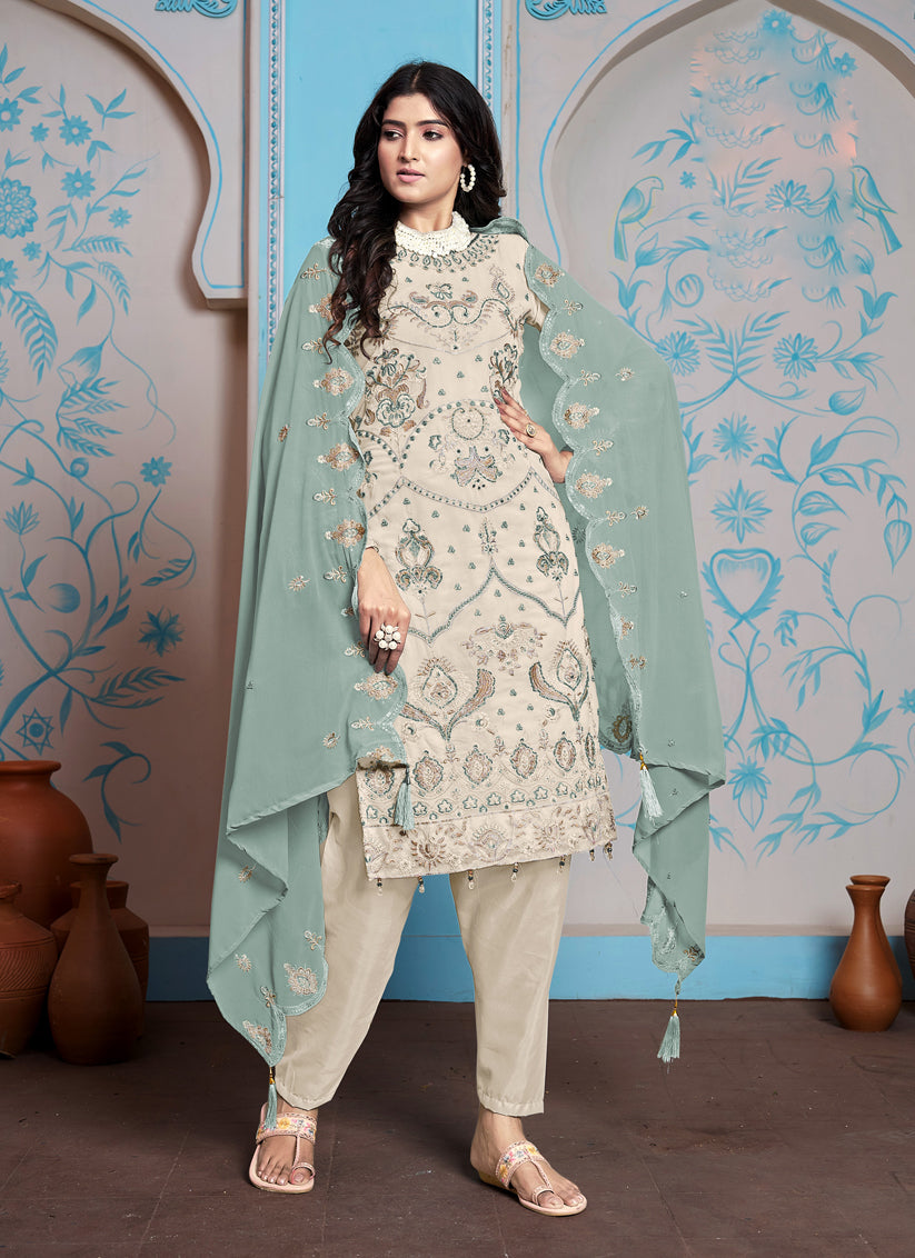 Cream Faux Georgette Embroidered Pant Kameez