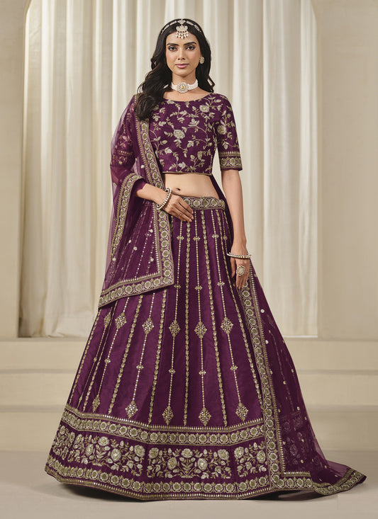 Wine Art Silk Embroidered Lehenga Choli Set