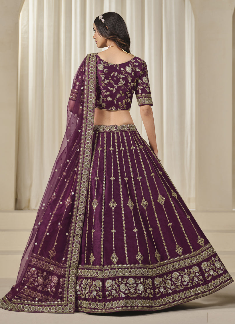 Wine Art Silk Embroidered Lehenga Choli Set