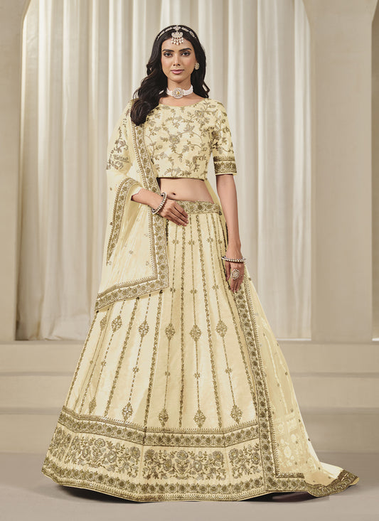 Cream Art Silk Heavy Embroidered Lehenga Choli Set