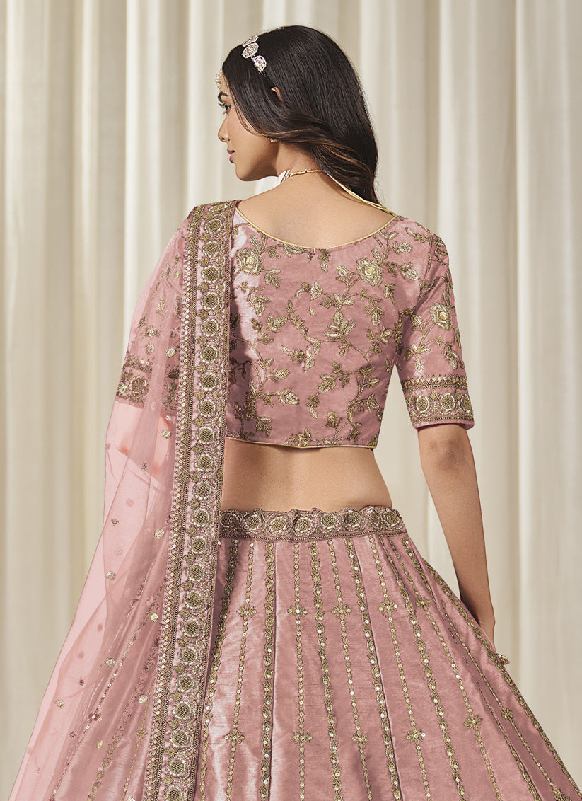 Coral Pink Art Silk Heavy Embroidered Lehenga Choli Set