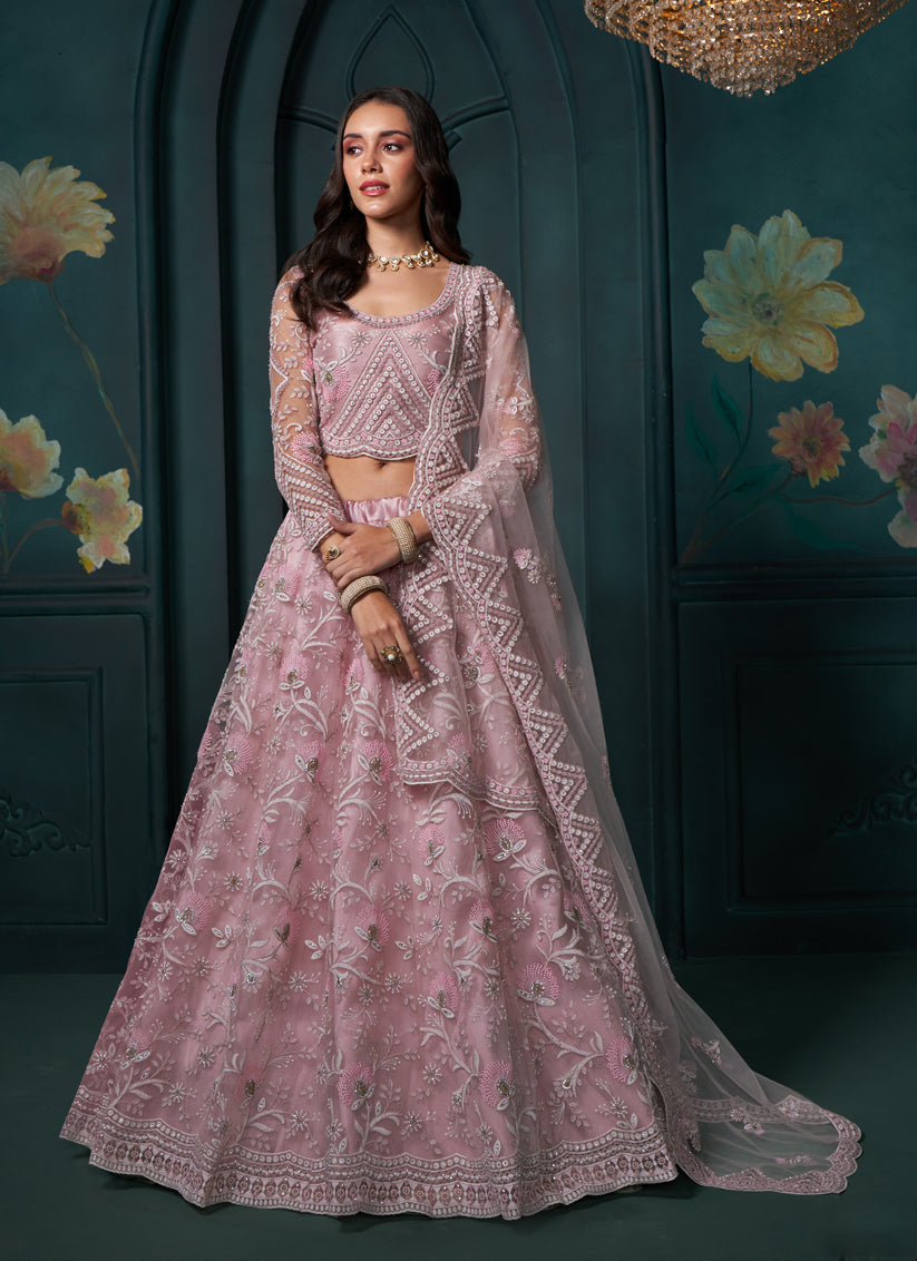 Carnation Pink Net Embroidered Designer Lehenga Choli Set