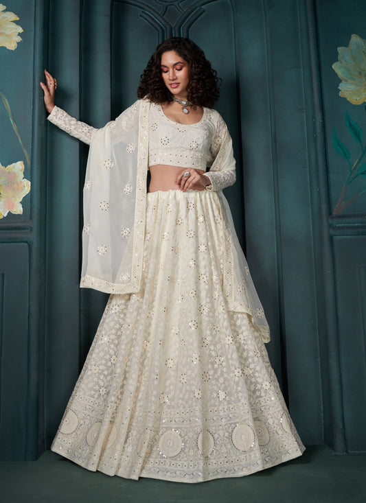 Off White Georgette Embroidered Designer Lehenga Choli Set