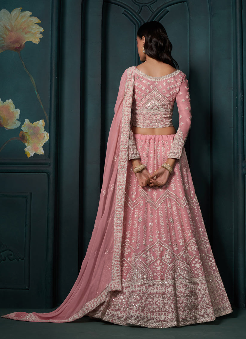 Cherry Pink Georgette Embroidered Designer Lehenga Choli Set