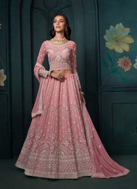 Cherry Pink Georgette Embroidered Designer Lehenga Choli Set