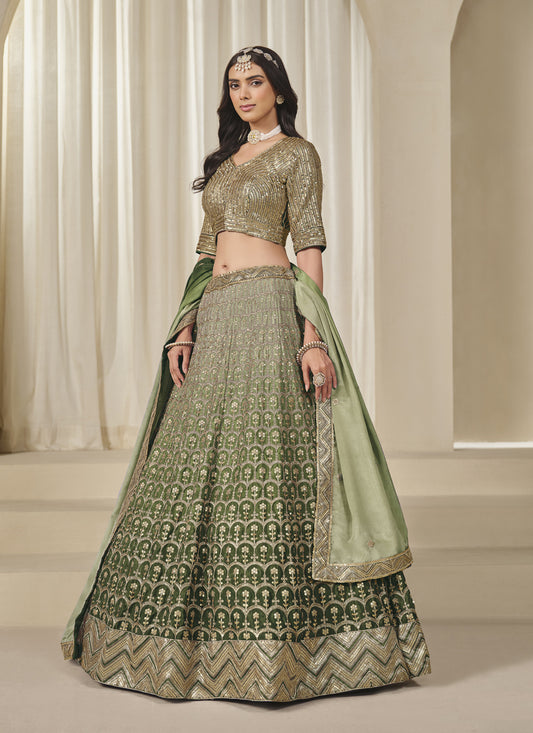 Olive Green Heavy Embroidered Premium Chinnon Silk Lehenga Choli Set