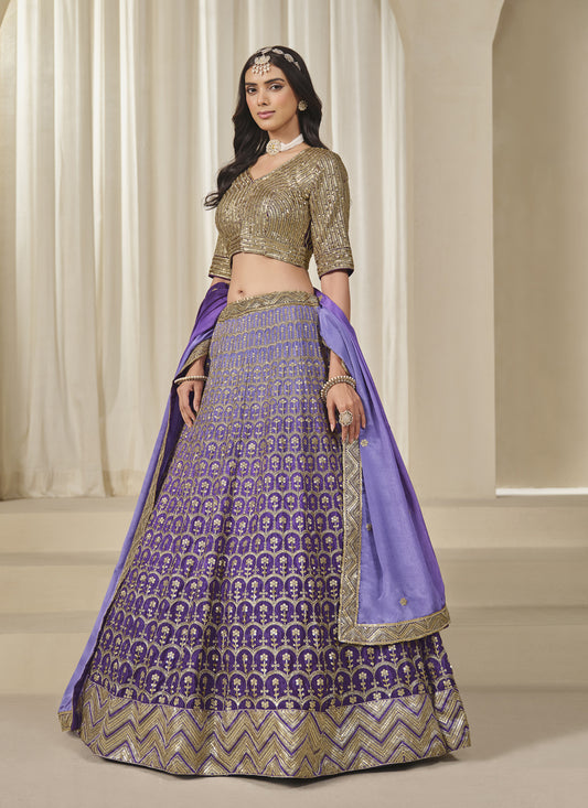 Purple Heavy Embroidered Premium Chinnon Silk Lehenga Choli Set