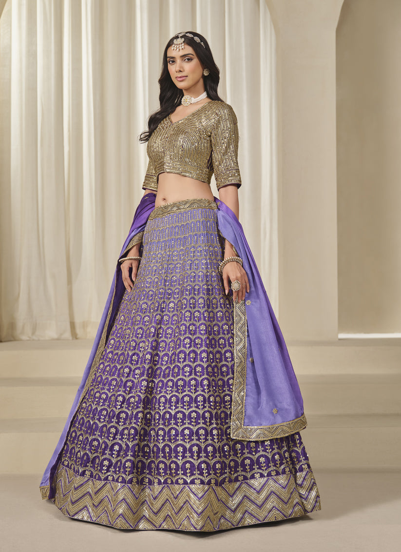 Purple Heavy Embroidered Premium Chinnon Silk Lehenga Choli Set
