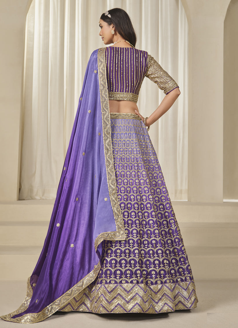 Purple Heavy Embroidered Premium Chinnon Silk Lehenga Choli Set