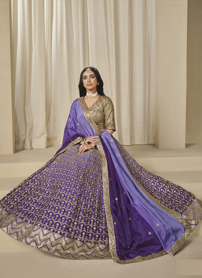 Purple Heavy Embroidered Premium Chinnon Silk Lehenga Choli Set