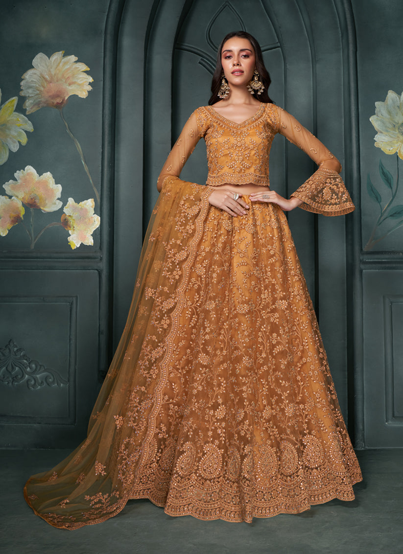 Salmon Orange Silk Embroidered Designer Wedding Lehenga Choli