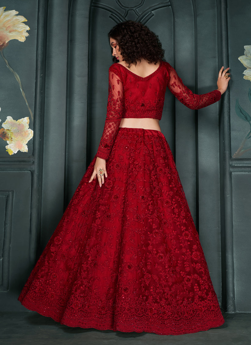 Cherry Red Silk Embroidered Designer Wedding Lehenga Choli