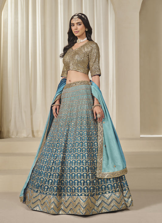 Teal Blue Heavy Embroidered Premium Chinnon Silk Lehenga Choli Set