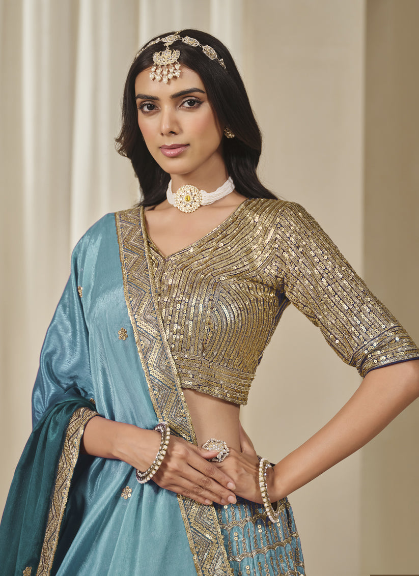 Teal Blue Heavy Embroidered Premium Chinnon Silk Lehenga Choli Set