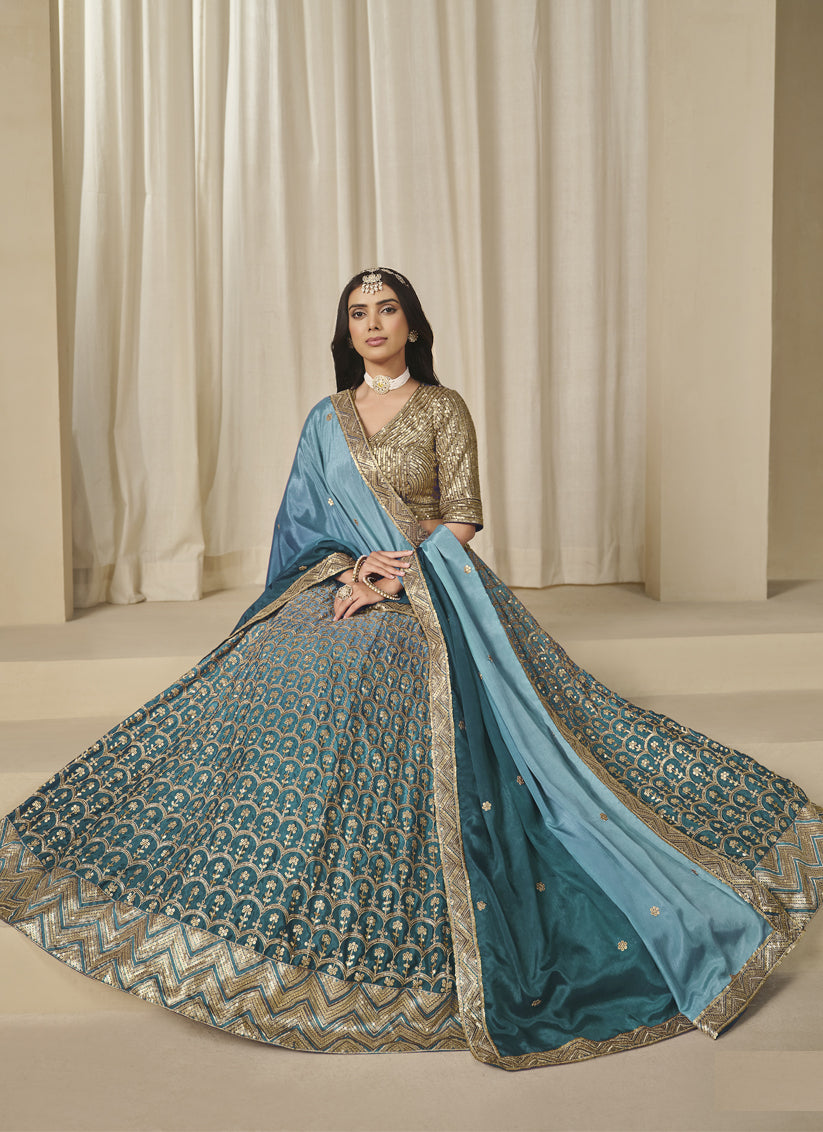 Teal Blue Heavy Embroidered Premium Chinnon Silk Lehenga Choli Set