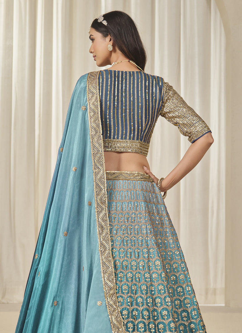 Teal Blue Heavy Embroidered Premium Chinnon Silk Lehenga Choli Set