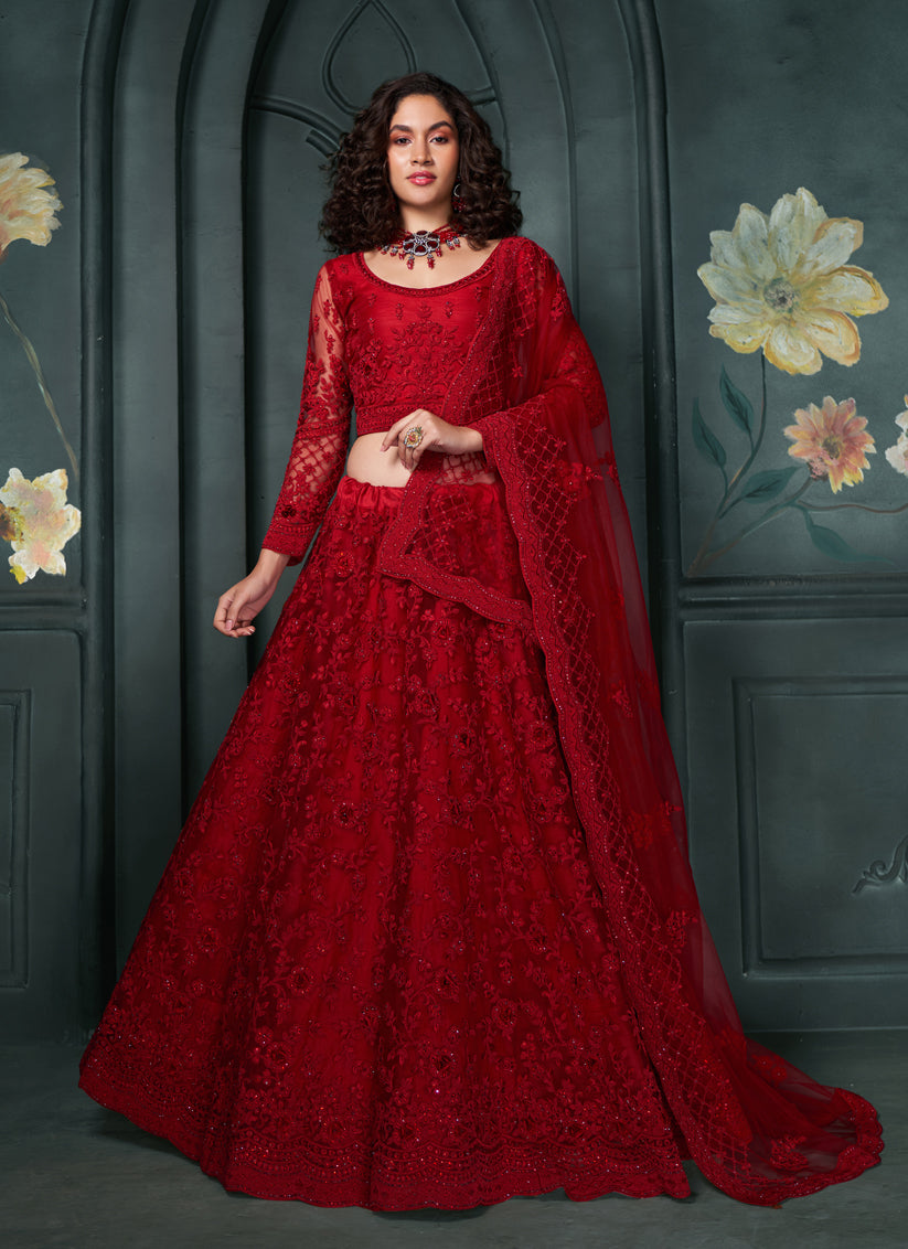 Cherry Red Silk Embroidered Designer Wedding Lehenga Choli