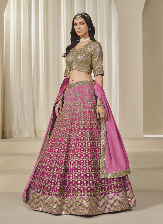 Rani Pink Heavy Embroidered Premium Chinnon Silk Lehenga Choli Set