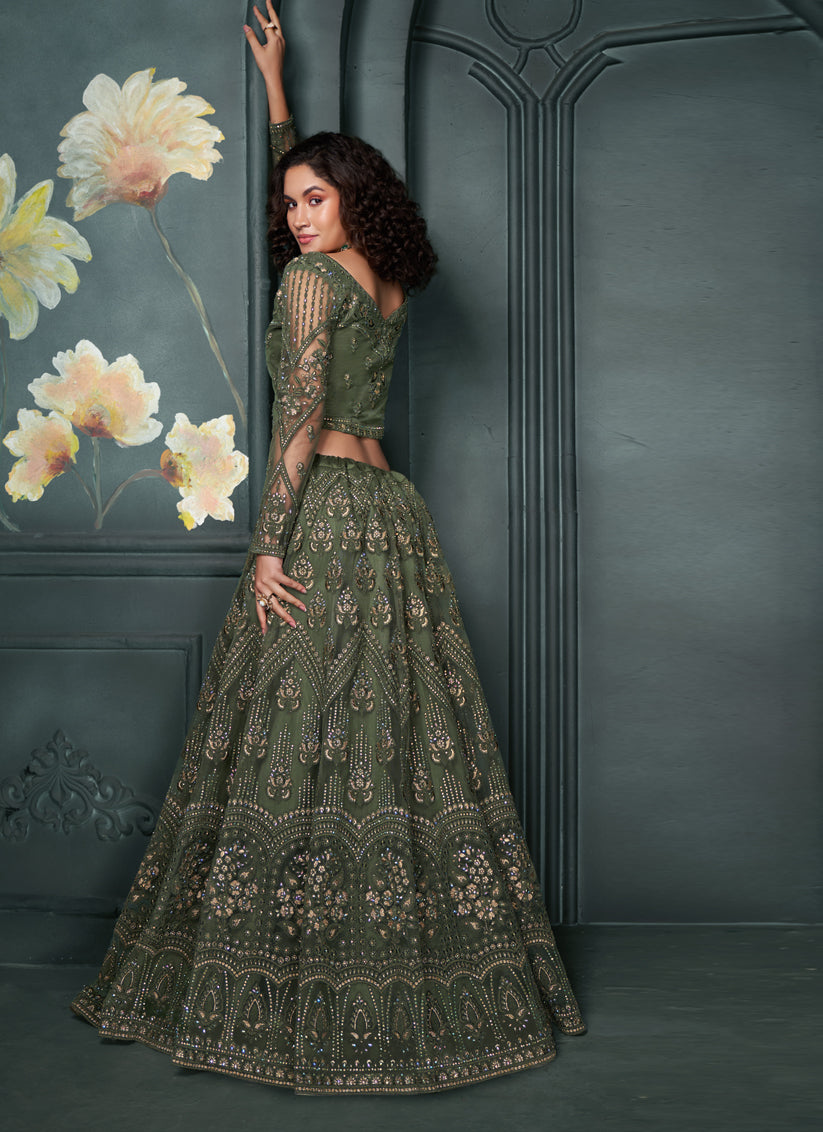 Moss Green Silk Embroidered Designer Wedding Lehenga Choli