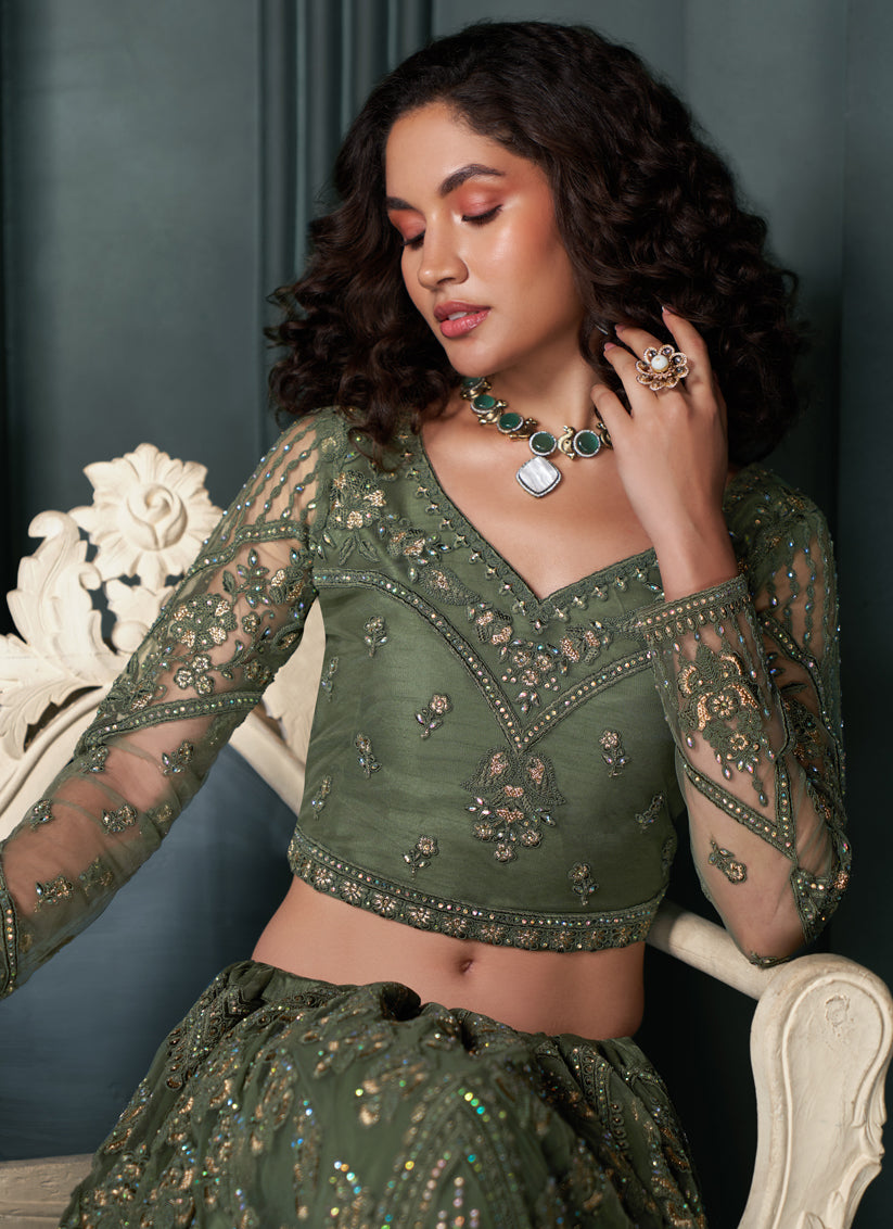 Moss Green Silk Embroidered Designer Wedding Lehenga Choli