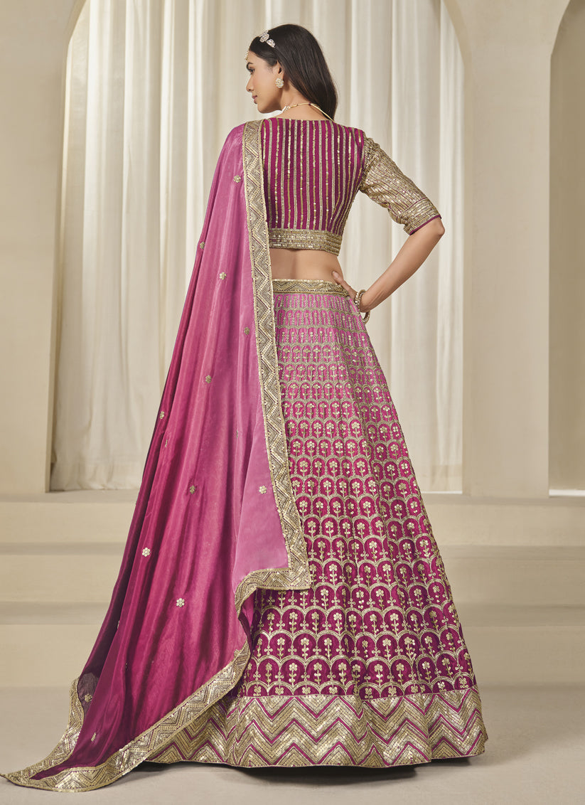 Rani Pink Heavy Embroidered Premium Chinnon Silk Lehenga Choli Set