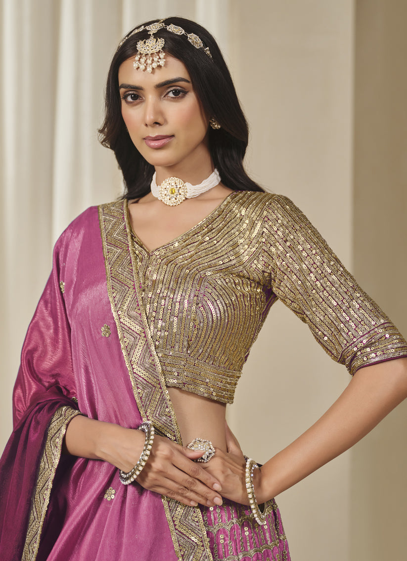 Rani Pink Heavy Embroidered Premium Chinnon Silk Lehenga Choli Set