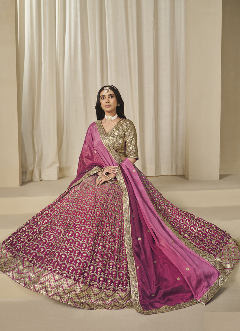 Rani Pink Heavy Embroidered Premium Chinnon Silk Lehenga Choli Set