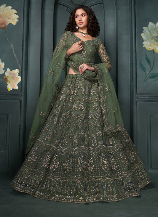 Moss Green Silk Embroidered Designer Wedding Lehenga Choli