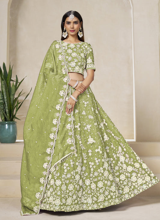 Pear Green Crush Organza Heavy Embroidered Lehenga Choli Set for Wedding