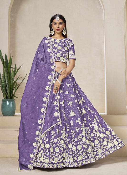 Lavender Crush Organza Heavy Embroidered Lehenga Choli Set for Wedding