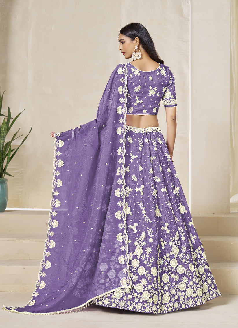 Lavender Crush Organza Heavy Embroidered Lehenga Choli Set for Wedding
