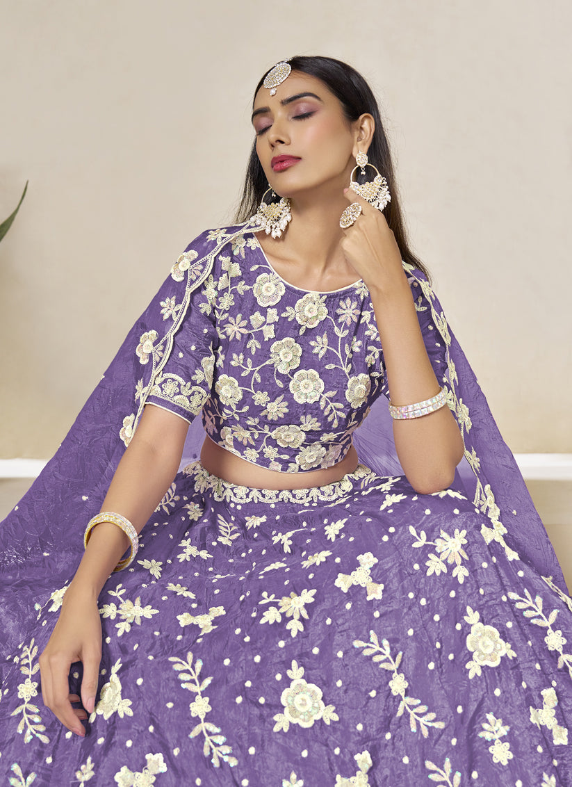 Lavender Crush Organza Heavy Embroidered Lehenga Choli Set for Wedding