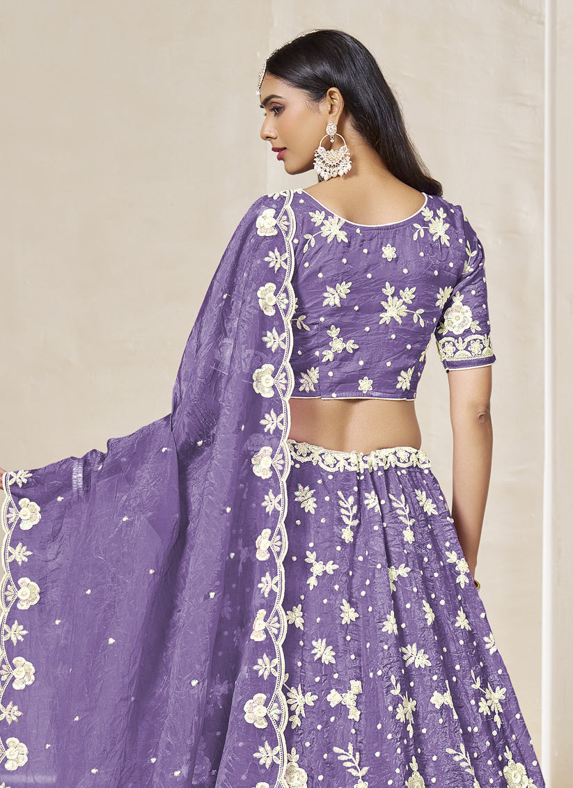 Lavender Crush Organza Heavy Embroidered Lehenga Choli Set for Wedding