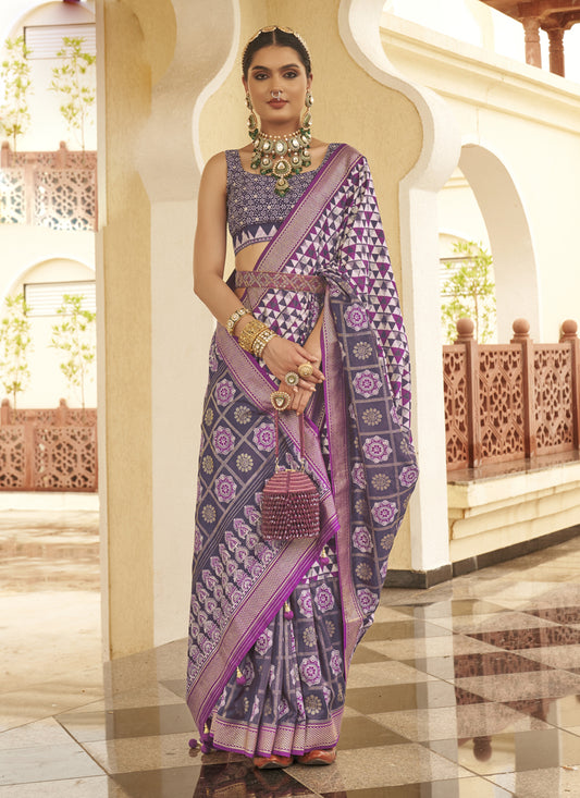 Purple Silk Digital Printed Saree