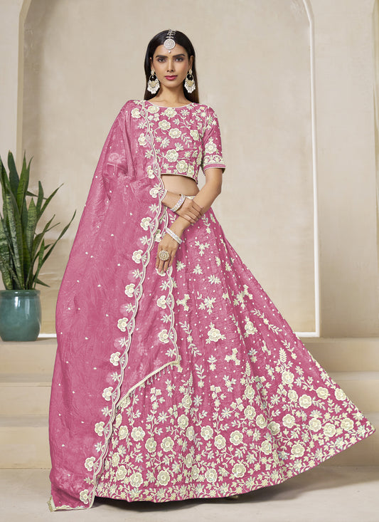 Cherry Pink Crush Organza Heavy Embroidered Lehenga Choli Set for Wedding