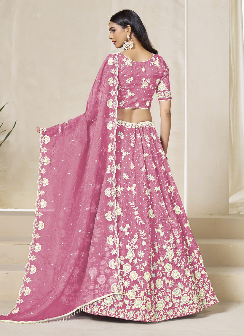 Cherry Pink Crush Organza Heavy Embroidered Lehenga Choli Set for Wedding