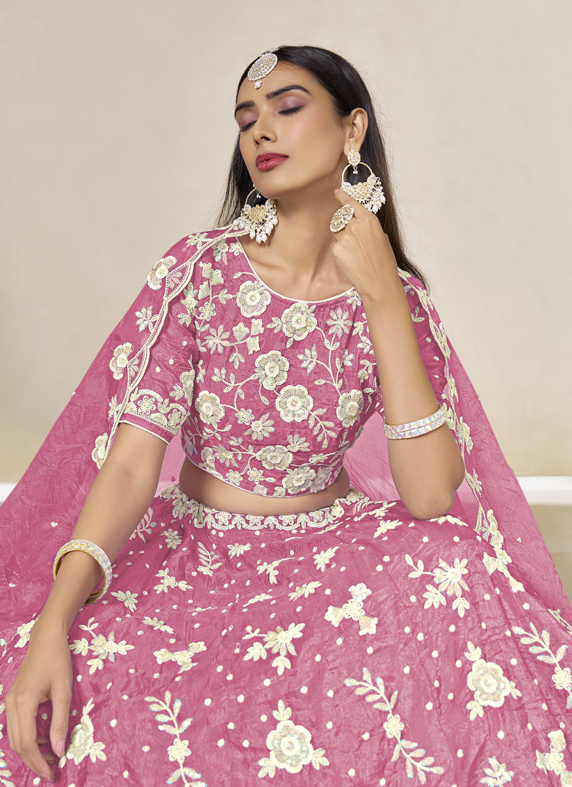 Cherry Pink Crush Organza Heavy Embroidered Lehenga Choli Set for Wedding