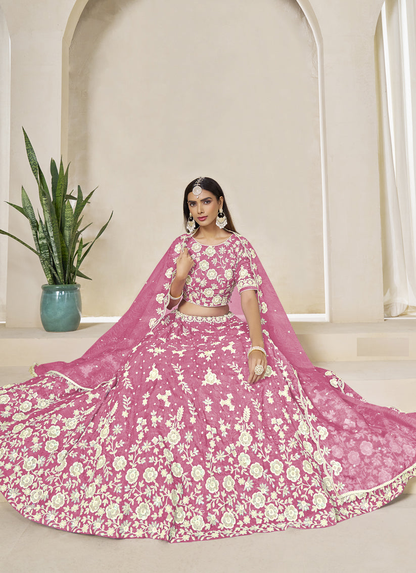 Cherry Pink Crush Organza Heavy Embroidered Lehenga Choli Set for Wedding