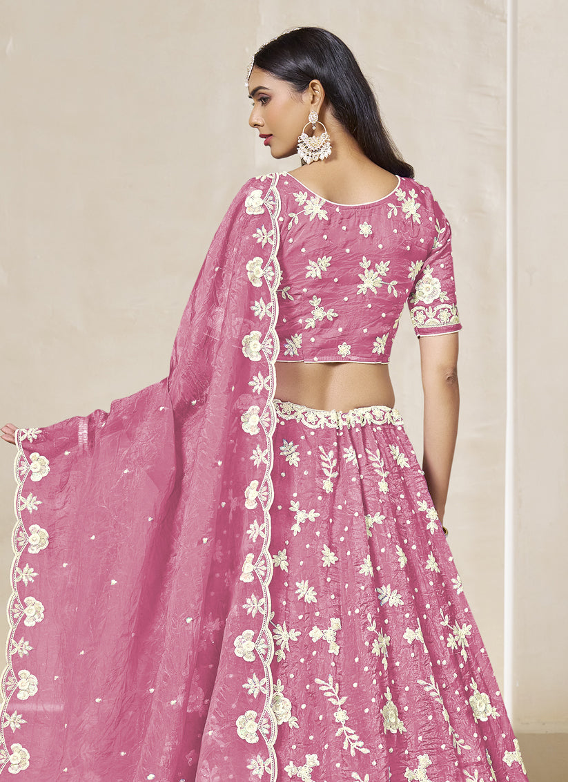 Cherry Pink Crush Organza Heavy Embroidered Lehenga Choli Set for Wedding