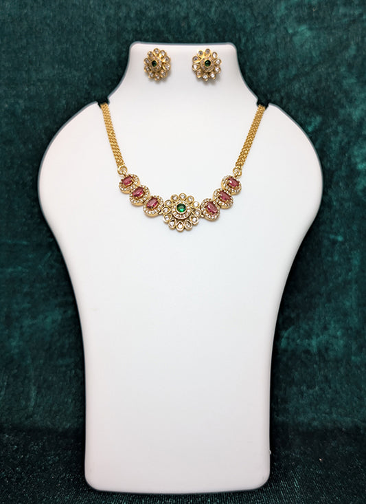 Gold Pleated Ruby Stone Studded Necklace Set