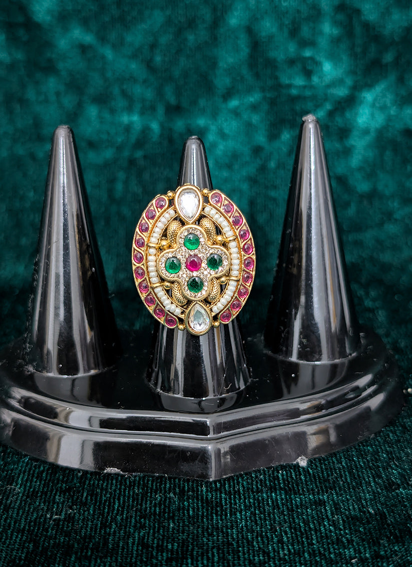 Green & Pink Kundan Studded and Pearl Ring For Women