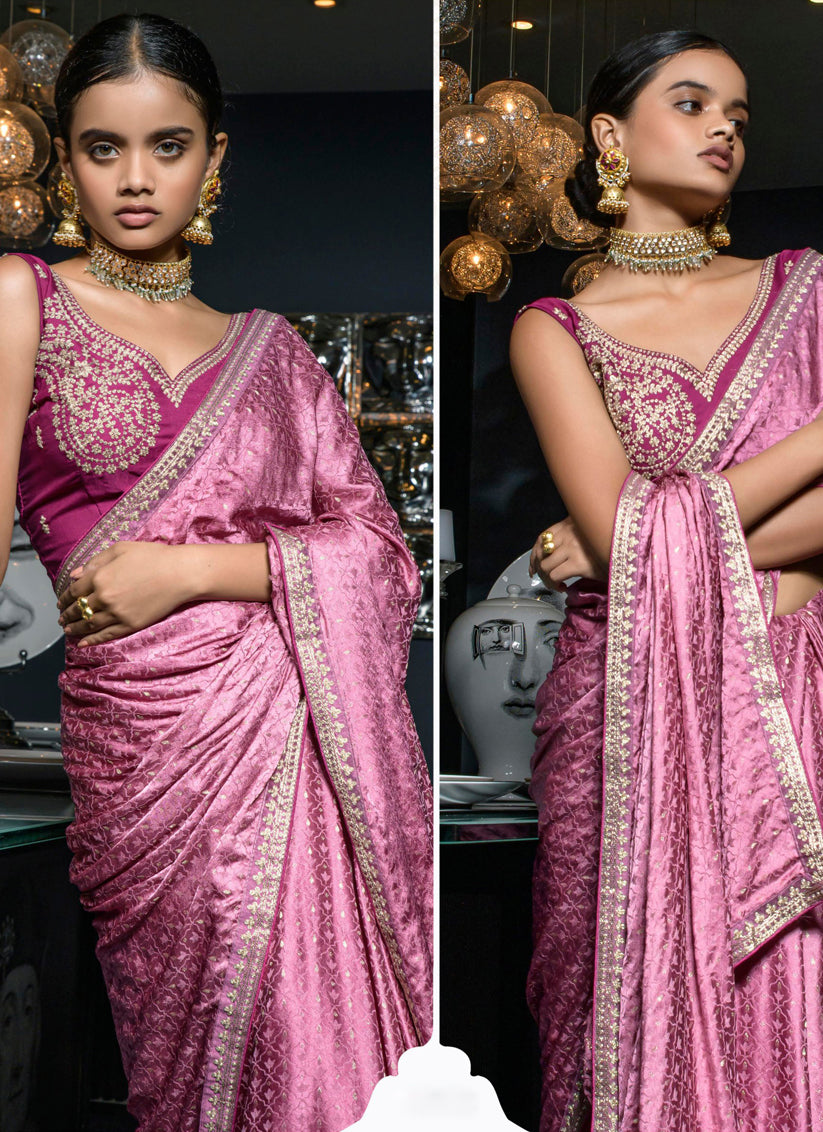 Onion Pink Viscose Satin Wedding Saree