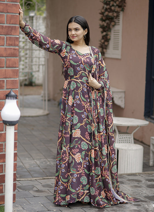 Brown Faux Georgette Gown with Dupatta