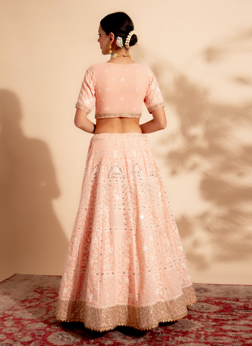 Peach Georgette Embroidered Designer Lehenga Choli