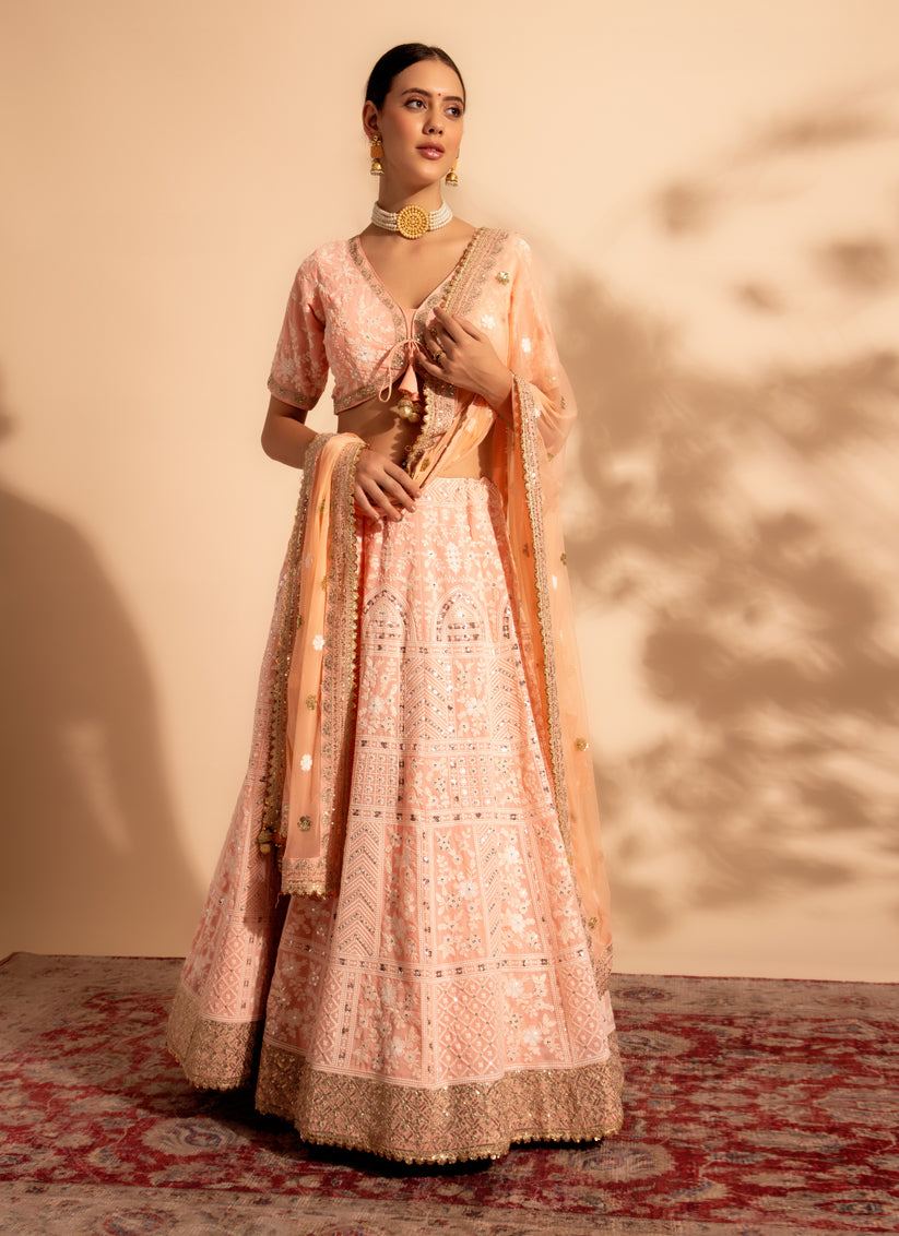 Peach Georgette Embroidered Designer Lehenga Choli