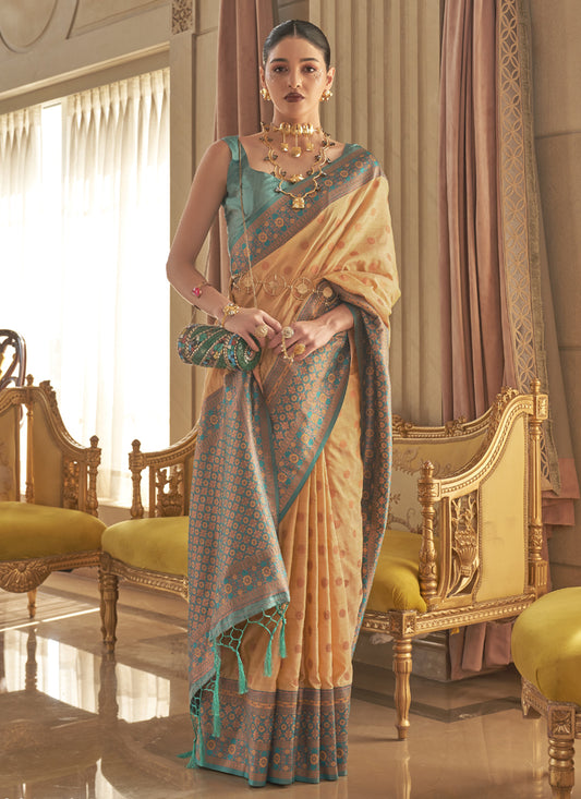 Golden Apricot Handloom Silk Zari Woven Saree