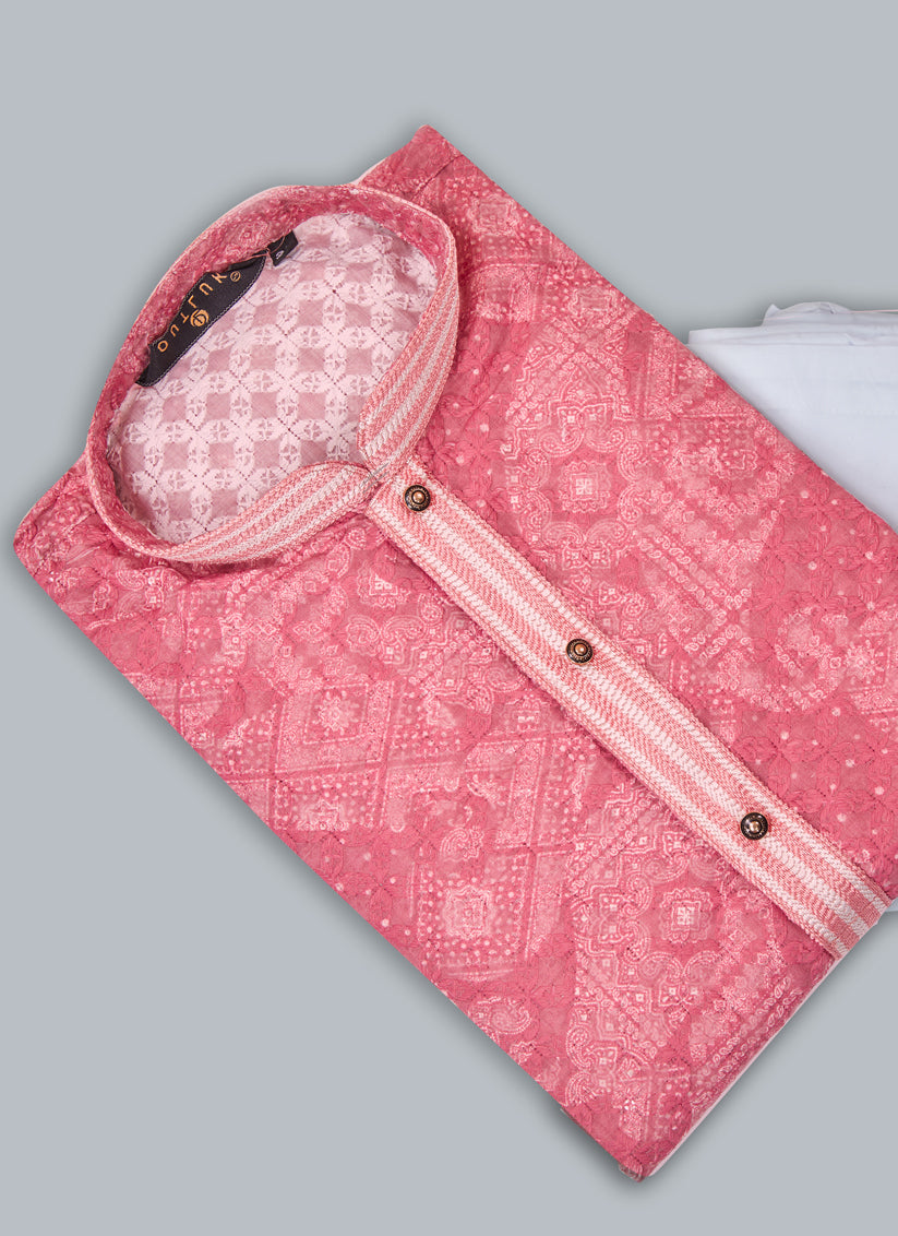 Coral Pink Cotton Mens Kurta Pajama Set